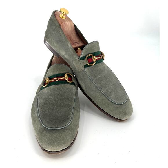 Gucci Brixton Sage Suede Horsebit Loafers Green Red Web Gold Bit UK 12 / US 13